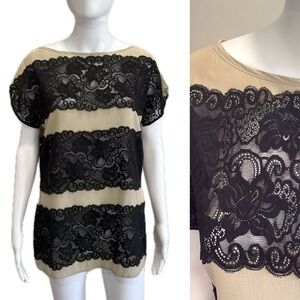 GIBSON 100% Silk Sheer Lace Mix Lingerie Top Womens Size Large Black Beige Y2K